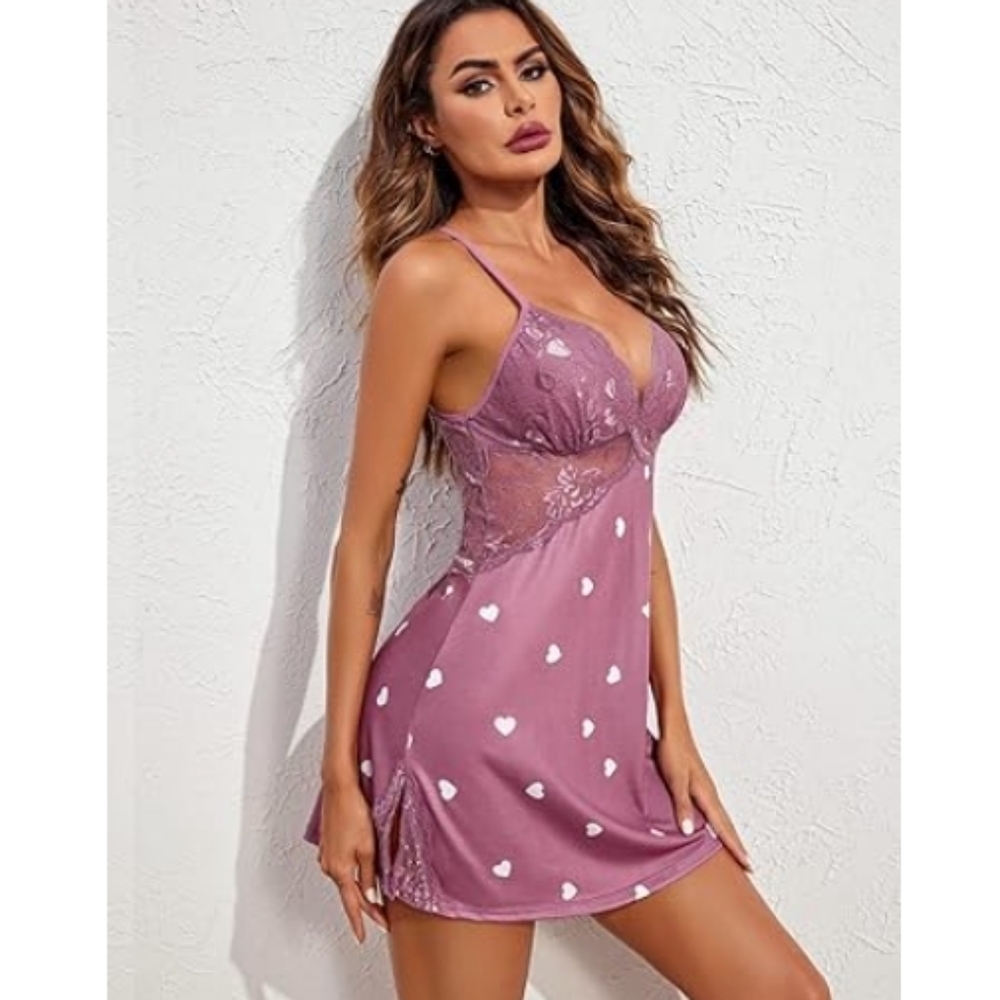 Nightie Lingerie Lace Chemise Sleepwear Babydoll Teddy Nighty Hearts Purple